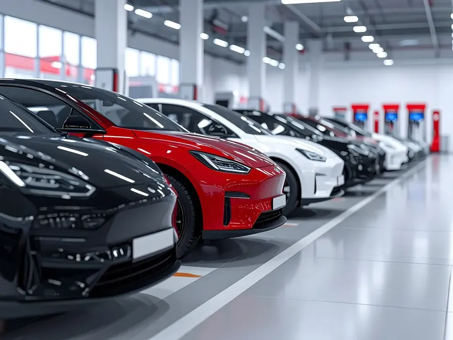 Electric cars lined up in a dealership showroom